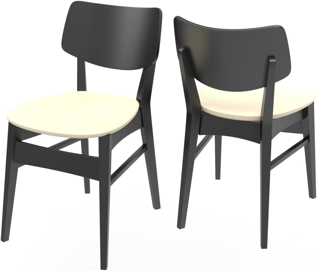 Set of 2 Black Rectangular-Back Wood Dining Chair with Cream PU Upholstery