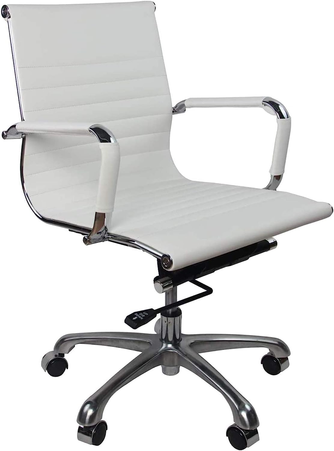 Mid-Back White PU Leather Hotel and Task Chair Height Adjustable Swivel Ribbed Ergonomic