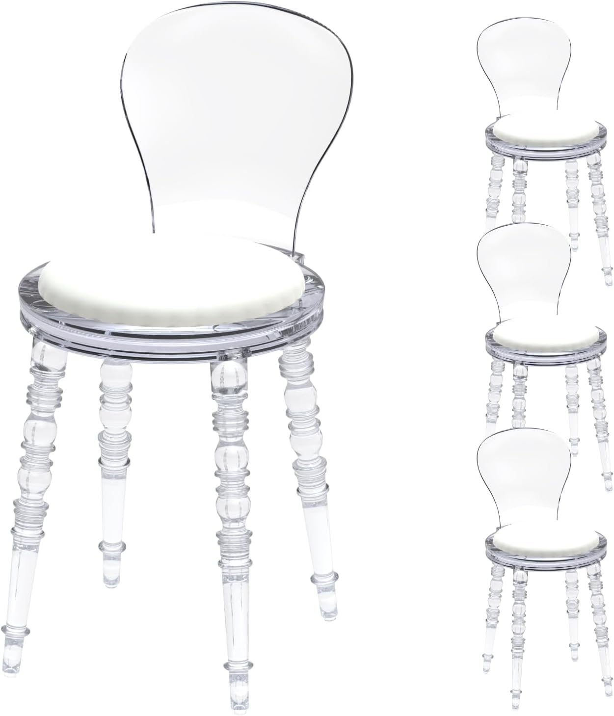 Set of 4 Modern Vintage White PC Dining Chairs, Home Ghost Chair, Kitchen Office Aesthetic Chair PP Chair with Black Cushions