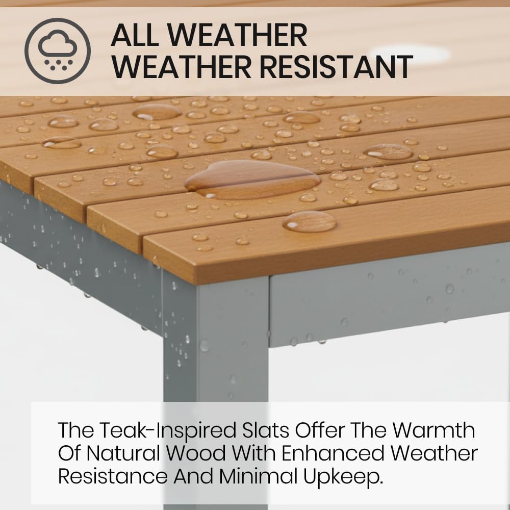 Teak Outdoor Dining Table – Aluminum Frame with Teak-Look Plastic Wood Slats (35.4" x 35.4")