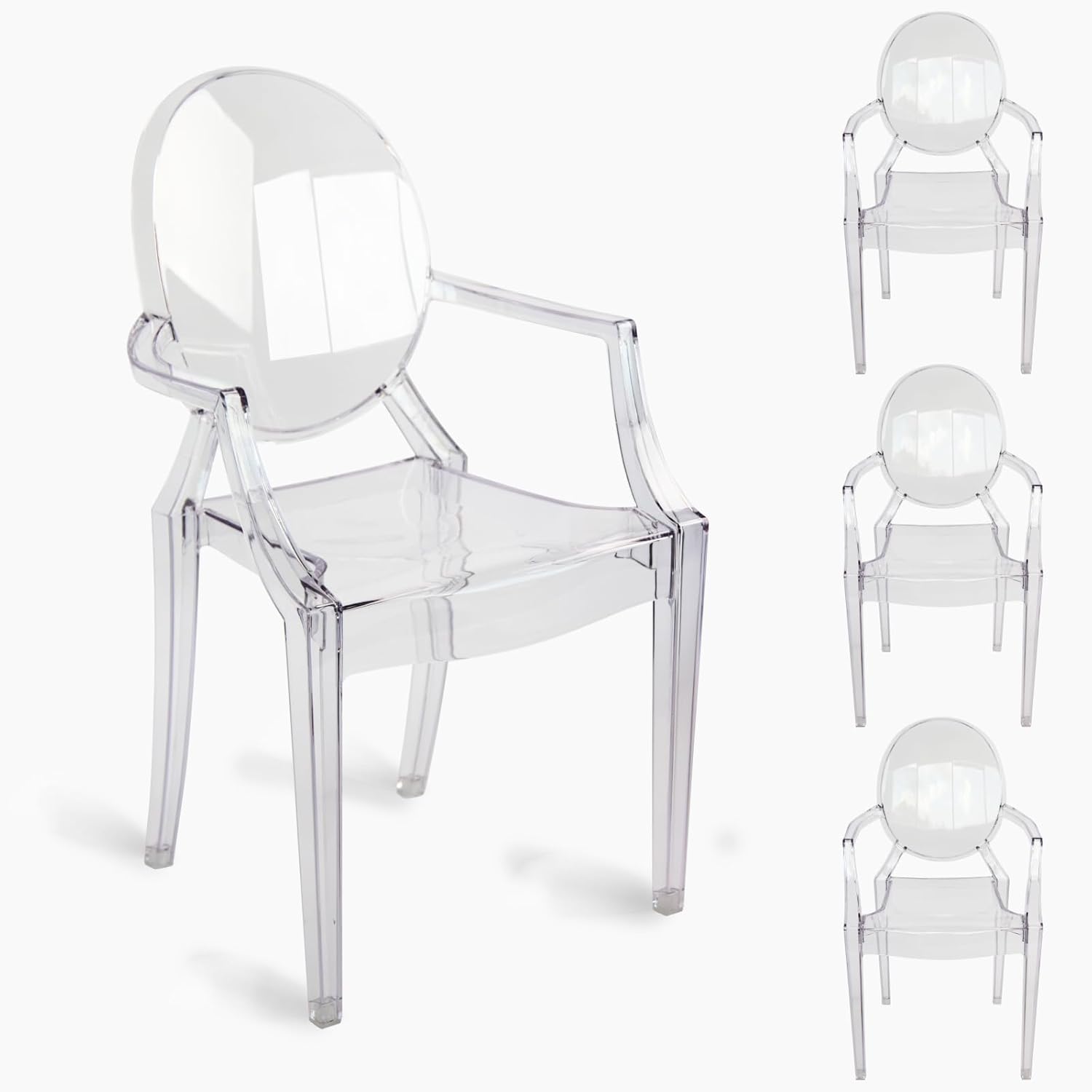 Set of 4 Clear Circle Back with Armrest Ghost Chairs, Modern Transparent Side Chairs, Stackable Dining Room Restaurant Chairs for Events, Weddings, Banquets