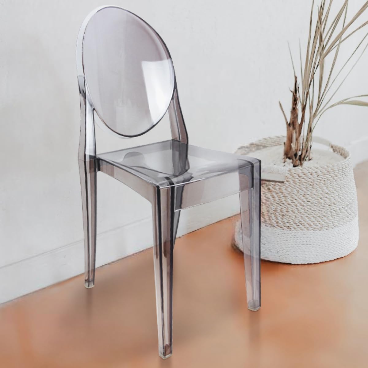 Set of 4 Smoke Gray Clear Ghost Chairs, Modern Transparent Side Chairs, Stackable Dining Room Restaurant Chairs for Events, Weddings, Banquets