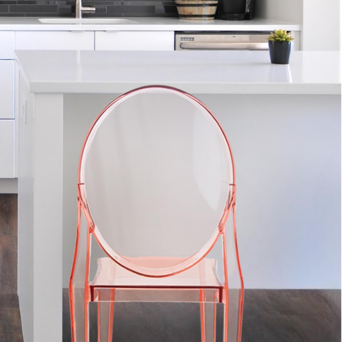 Set of 4 Pink Clear Ghost Chairs, Modern Transparent Accent Side Chairs, Stackable Dining Room Restaurant Chairs for Events, Weddings, Banquets