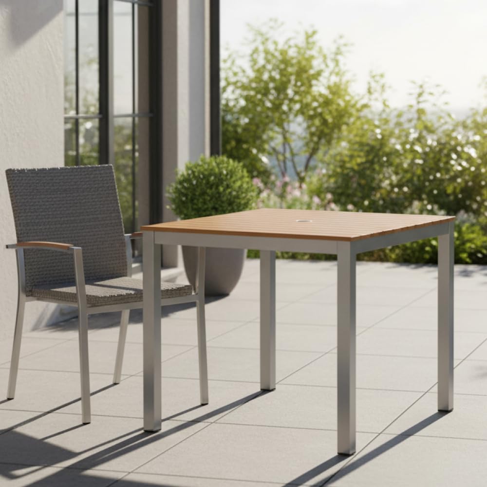 Teak Outdoor Dining Table – Aluminum Frame with Teak-Look Plastic Wood Slats (35.4" x 35.4")