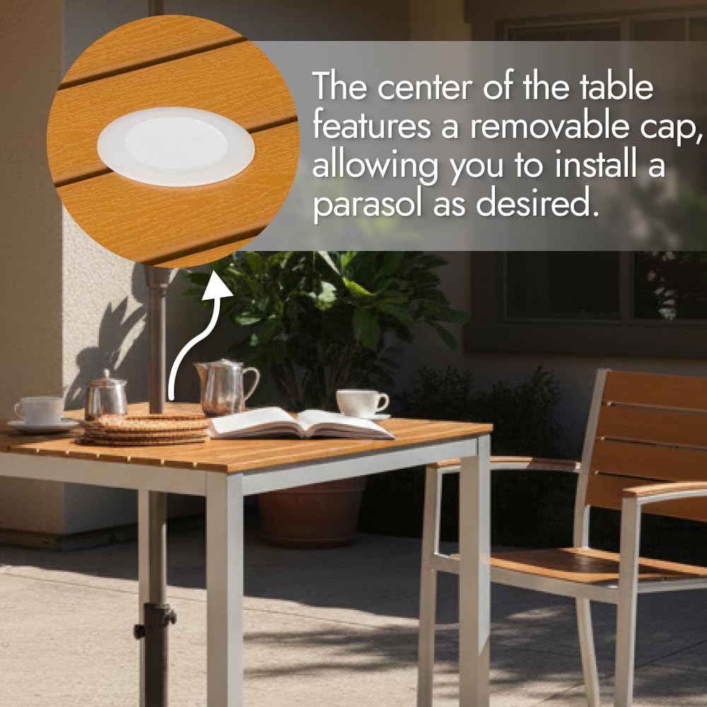 Teak Outdoor Dining Table – Aluminum Frame with Teak-Look Plastic Wood Slats (35.4" x 35.4")