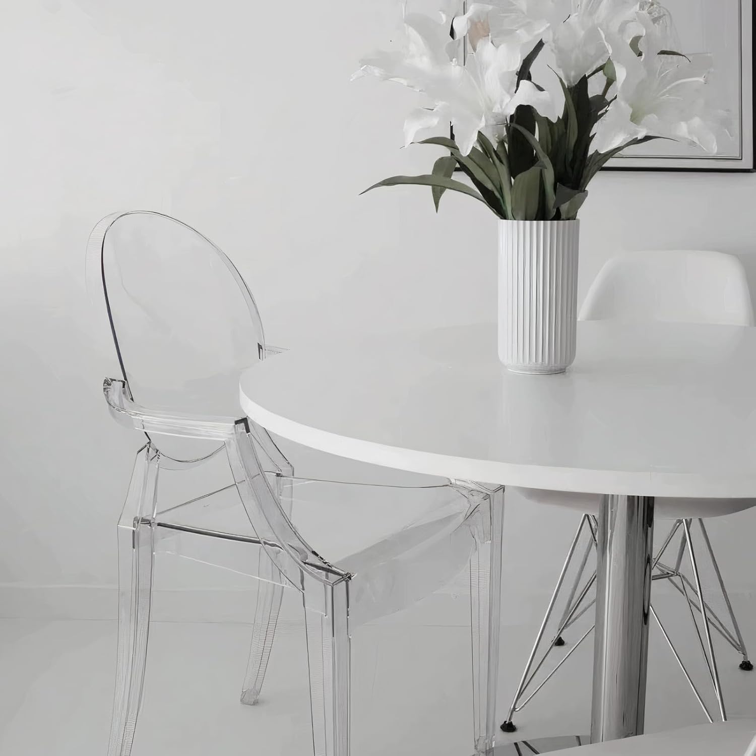 Set of 4 Clear Circle Back with Armrest Ghost Chairs, Modern Transparent Side Chairs, Stackable Dining Room Restaurant Chairs for Events, Weddings, Banquets