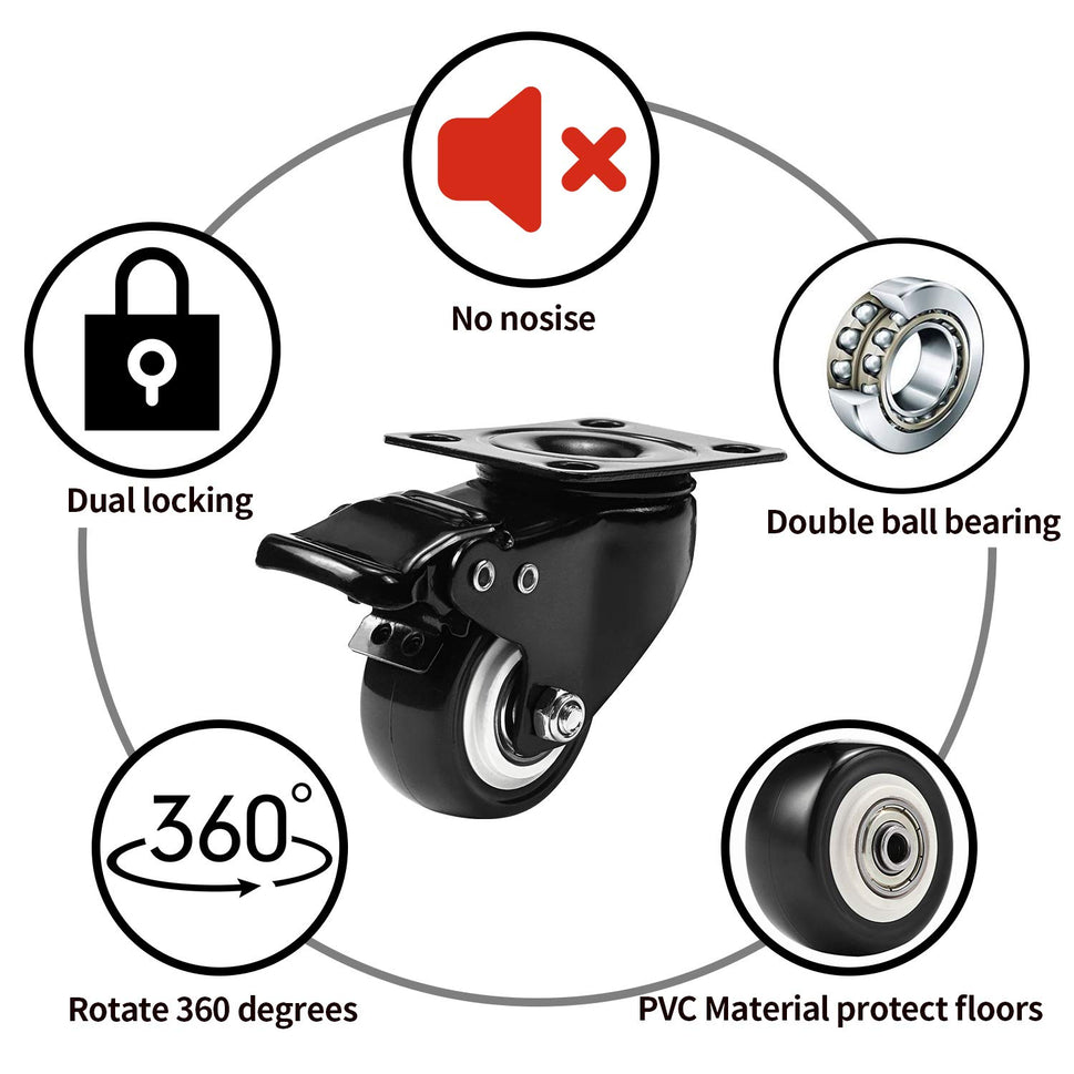 2" Swivel Plate Caster Wheels with Dual Brake (Set of 4) - Heavy Duty PVC, 360° Steering
