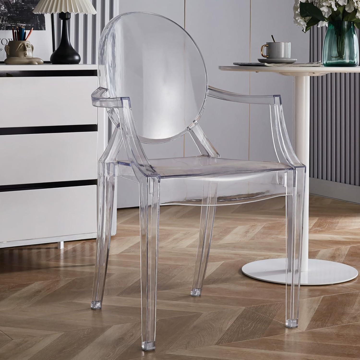 Set of 4 Clear Circle Back with Armrest Ghost Chairs, Modern Transparent Side Chairs, Stackable Dining Room Restaurant Chairs for Events, Weddings, Banquets