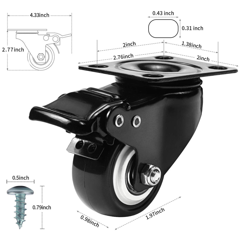 2" Swivel Plate Caster Wheels with Dual Brake (Set of 4) - Heavy Duty PVC, 360° Steering