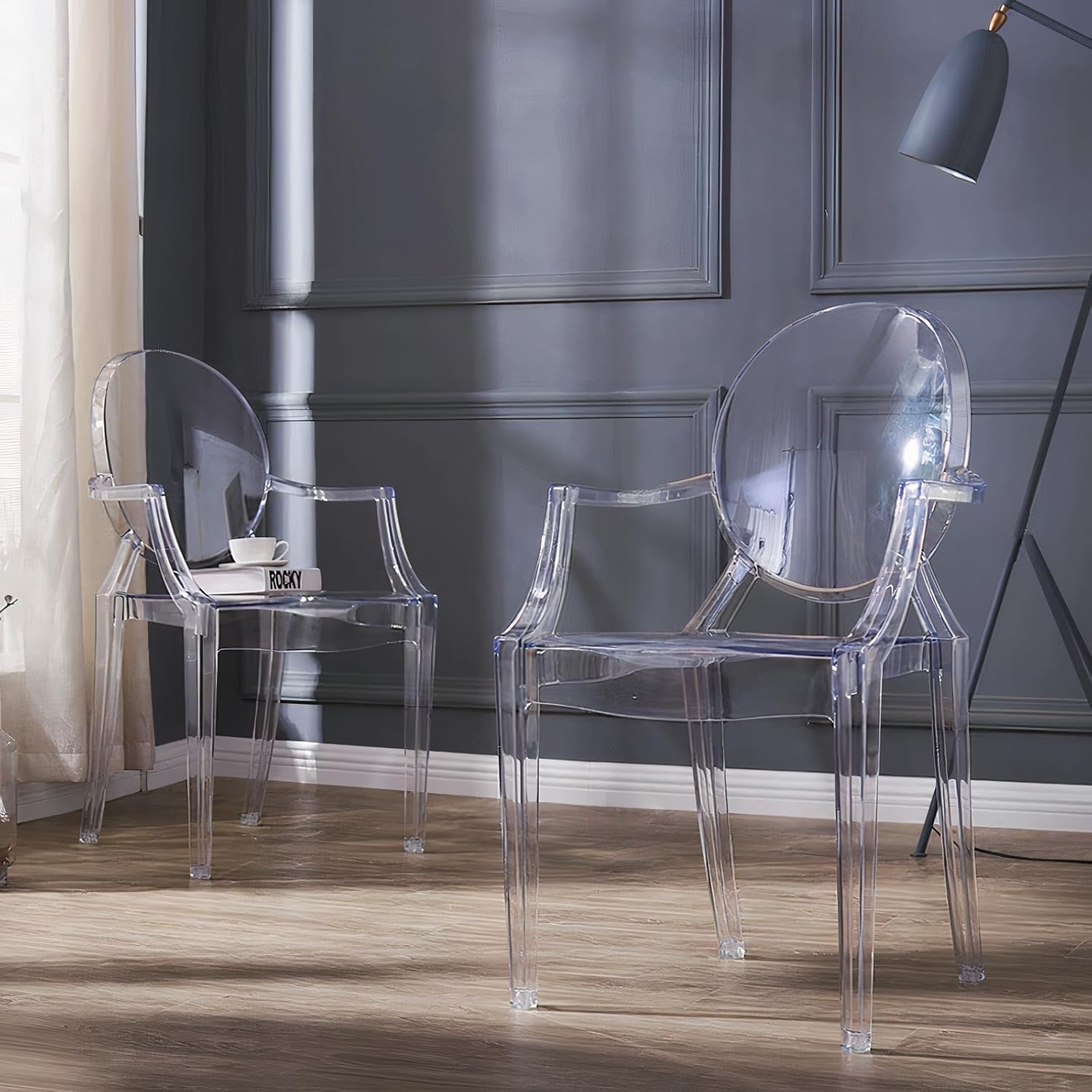 Set of 4 Clear Circle Back with Armrest Ghost Chairs, Modern Transparent Side Chairs, Stackable Dining Room Restaurant Chairs for Events, Weddings, Banquets