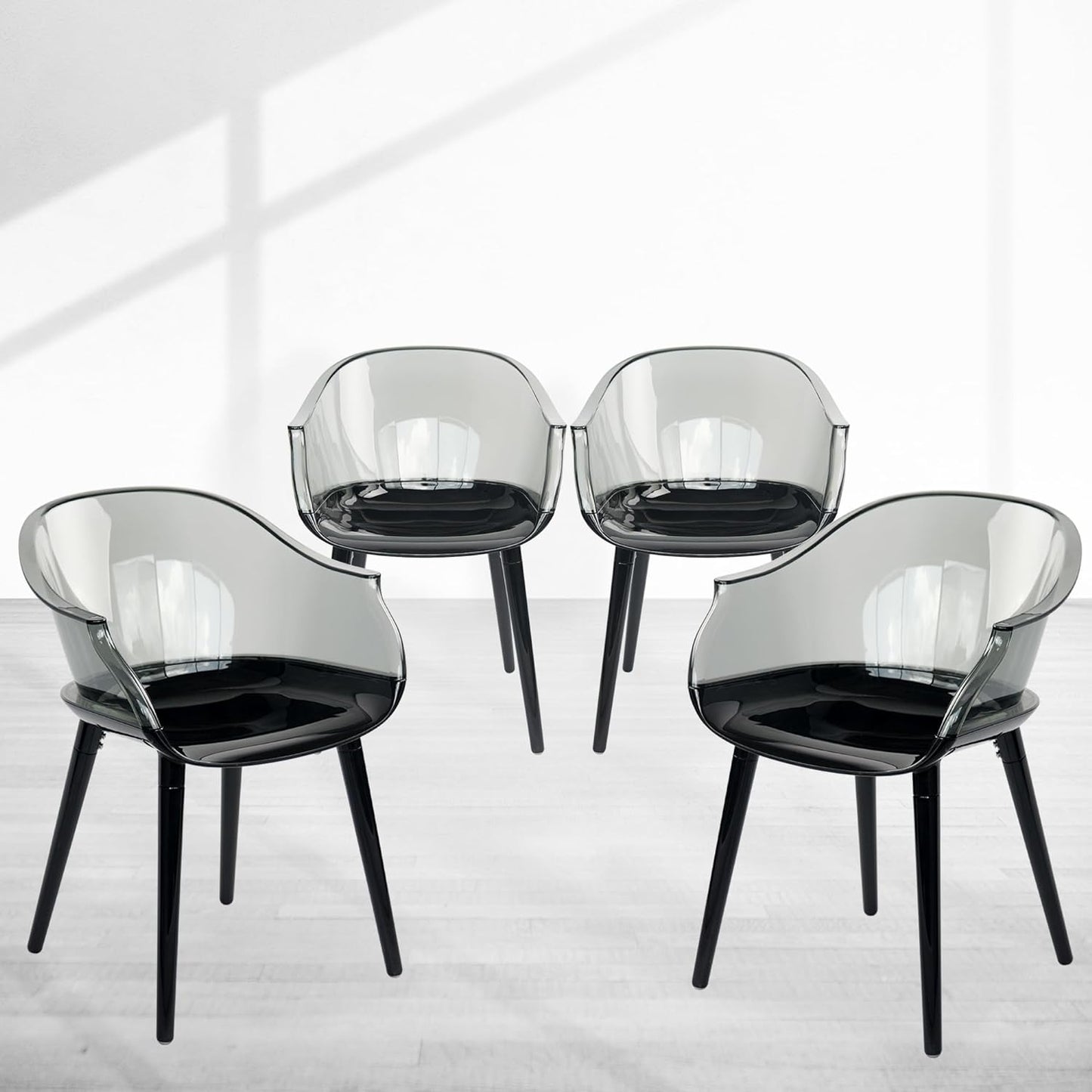 Set of 4 Modern Translucent Smoky Black PC Dining Chairs, Clear Dining Room Chair, Translucent Dining Chair with Solid Black Seat and Legs for Living Room Cafe Bar