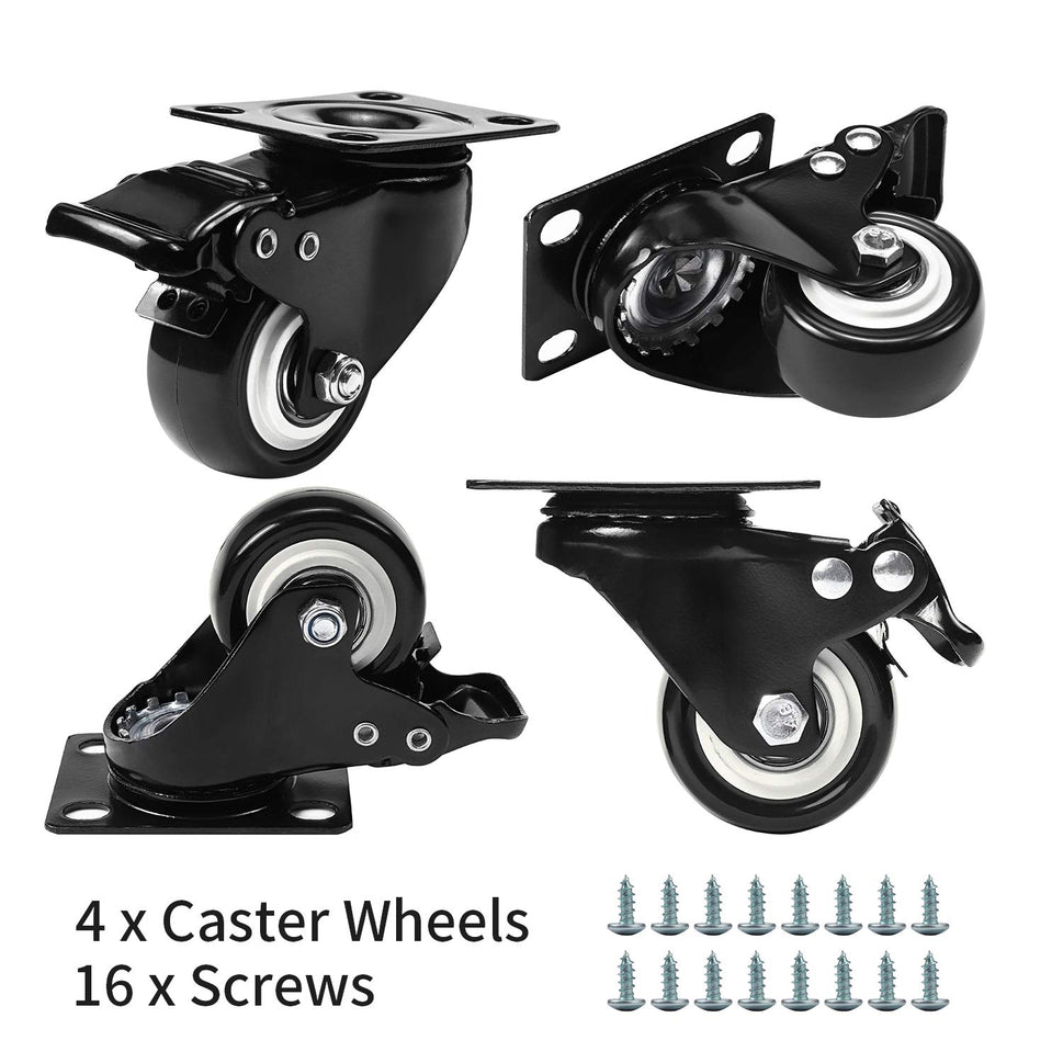 2" Swivel Plate Caster Wheels with Dual Brake (Set of 4) - Heavy Duty PVC, 360° Steering
