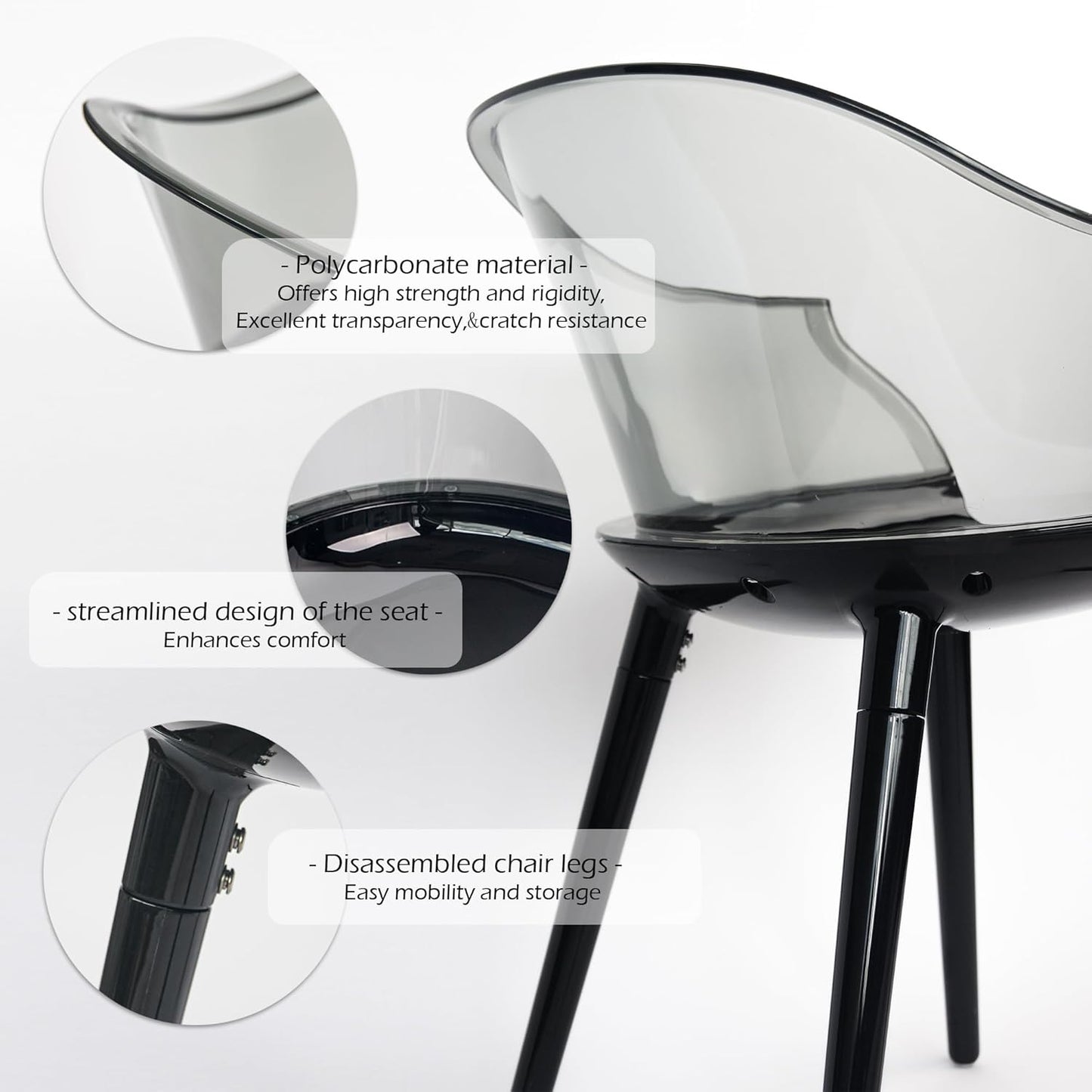 Set of 4 Modern Translucent Smoky Black PC Dining Chairs, Clear Dining Room Chair, Translucent Dining Chair with Solid Black Seat and Legs for Living Room Cafe Bar