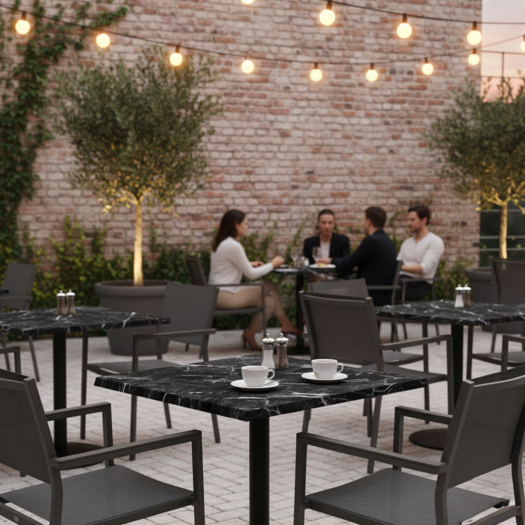 Commercial-Grade Indoor & Outdoor Table with Reinforced Stone-Composite Top: Black Marble-Like