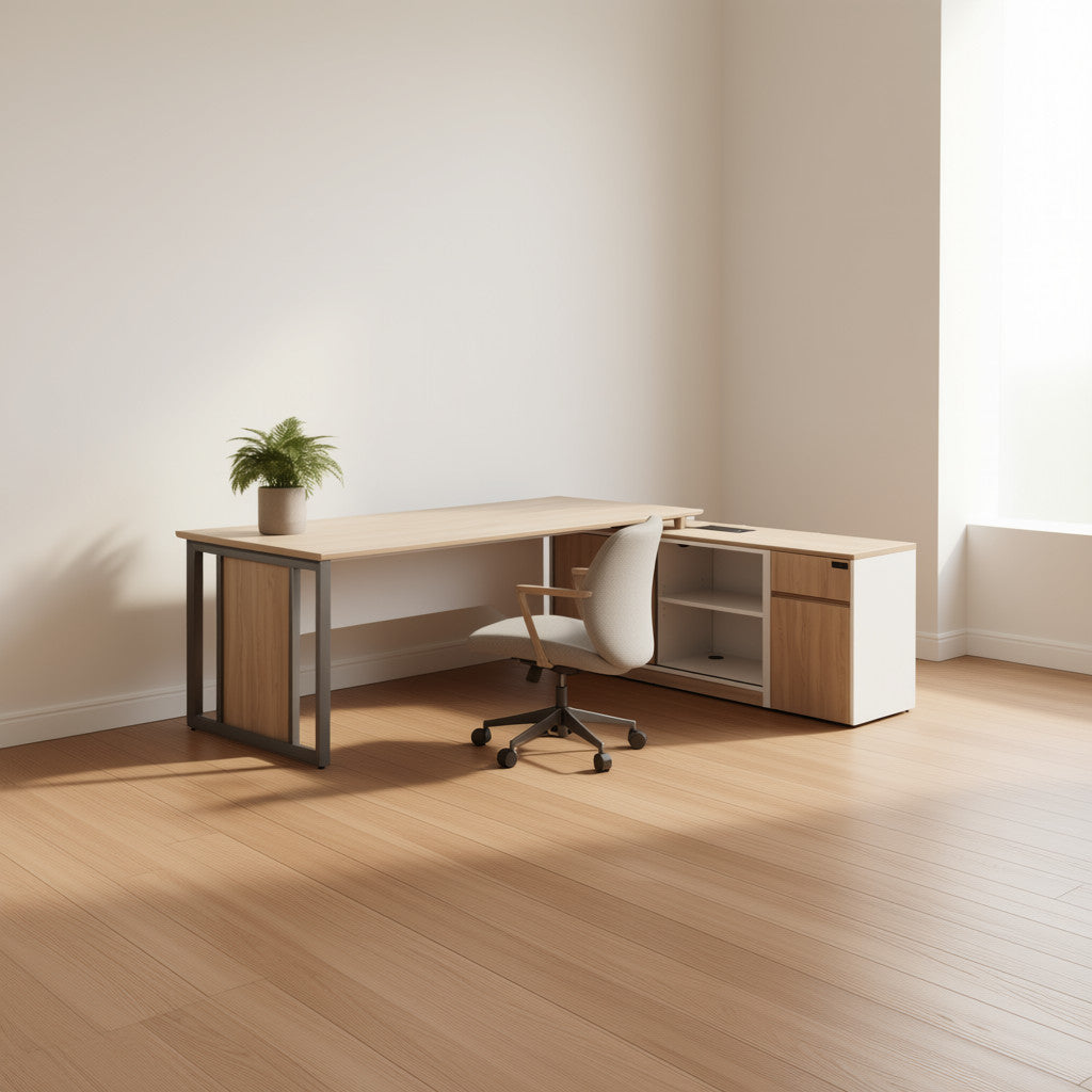 Modern L-Shaped Executive Desk with Integrated Storage – Wood & White Finish
