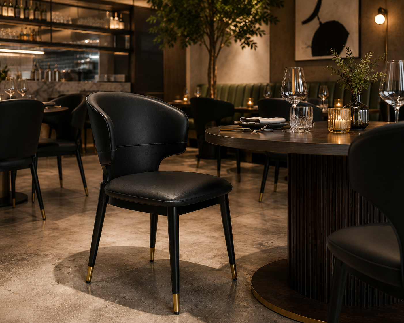 Contemporary Black Upholstered Barrel Dining Chair with Gold-Capped Legs