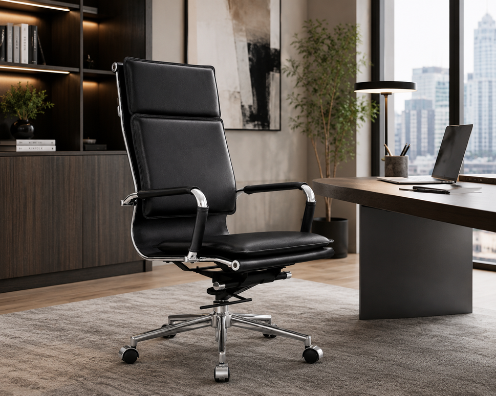 Modern High-Back Executive Leather Office Chair with Cushioned Seat & Backrest, Aluminum Frame & Swivel Base