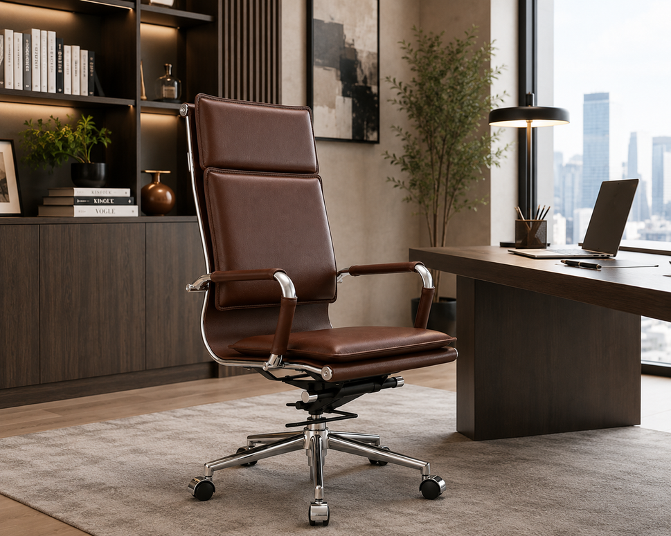 Modern High-Back Executive Leather Office Chair with Cushioned Seat & Backrest, Aluminum Frame & Swivel Base