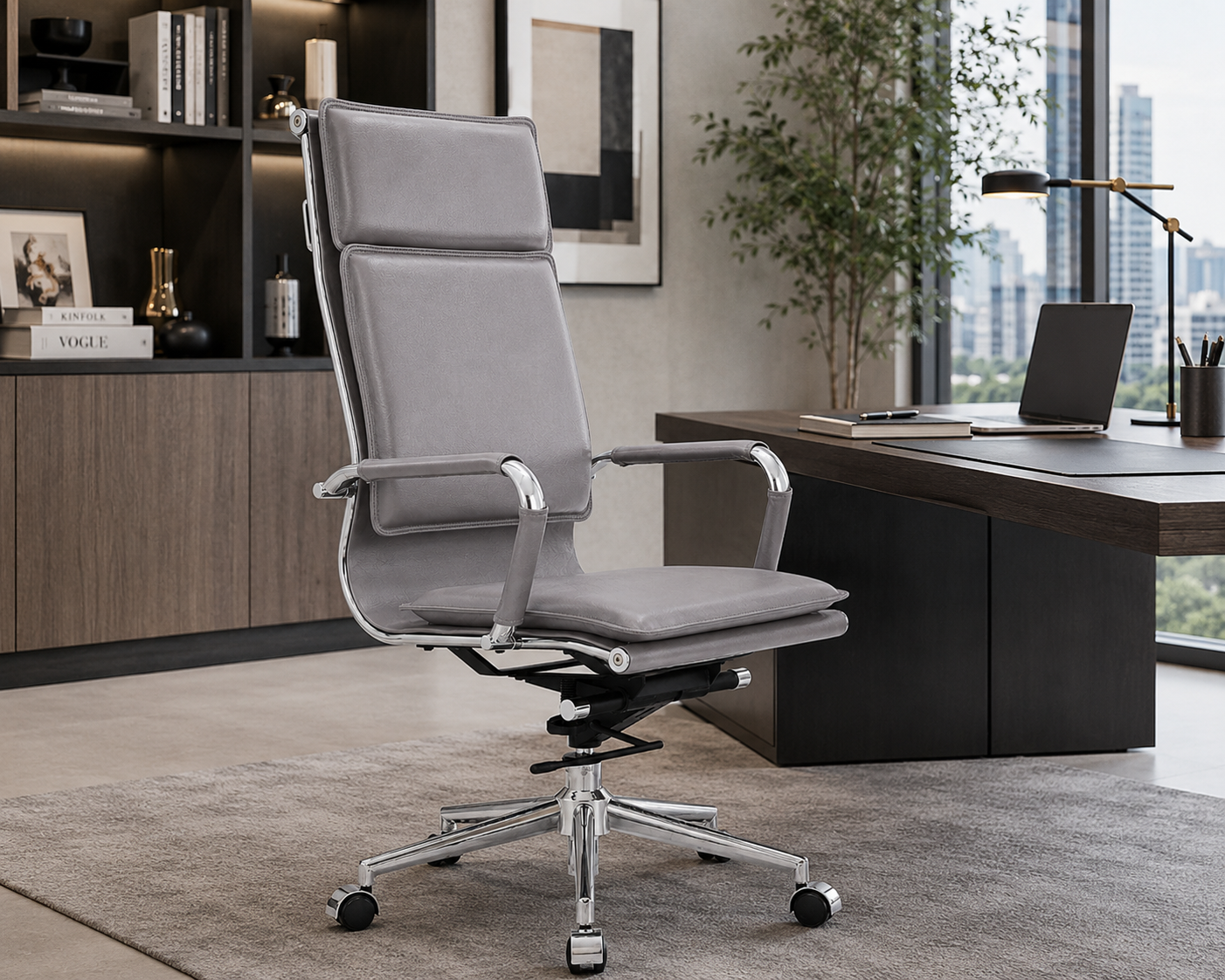 Modern High-Back Executive Leather Office Chair with Cushioned Seat & Backrest, Aluminum Frame & Swivel Base