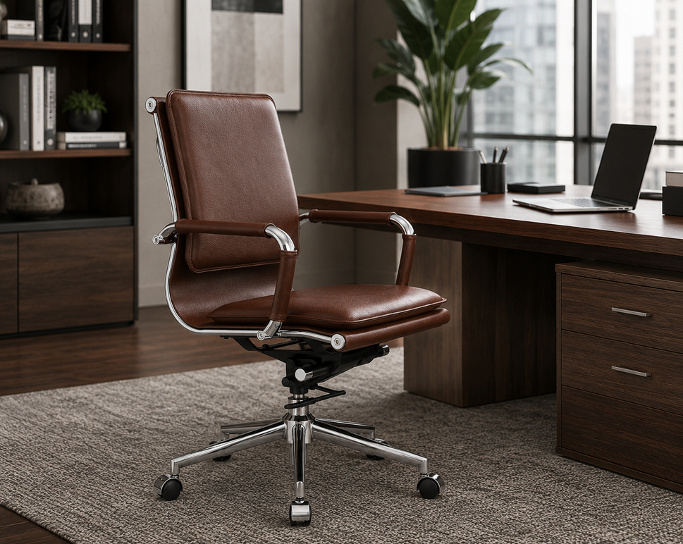 Modern Mid-Back Executive Leather Office Chair with Cushioned Seat & Backrest, Aluminum Frame & Swivel Base