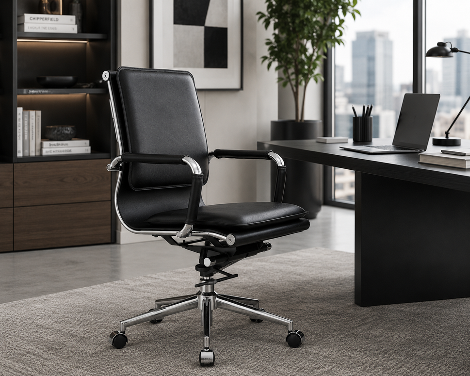 Modern Mid-Back Executive Leather Office Chair with Cushioned Seat & Backrest, Aluminum Frame & Swivel Base
