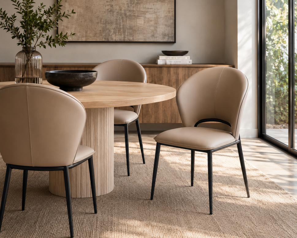 Upholstered Dining Chair with Sculpted Curved Back and Black Metal Legs