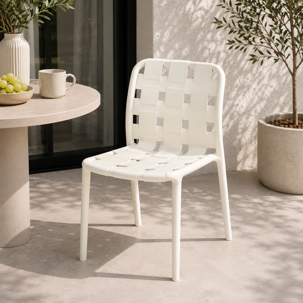 Set of 4 Contemporary Open-Weave Dining Chairs – Stackable Indoor & Outdoor Chair Set