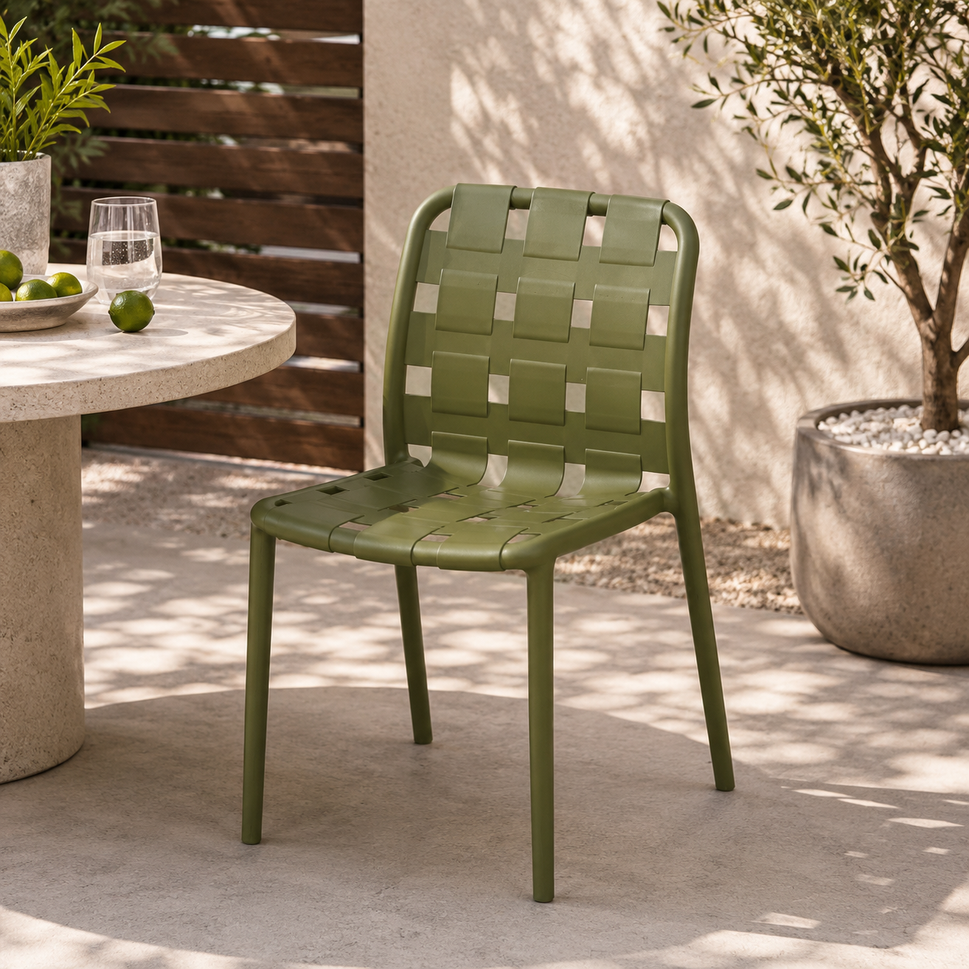 Set of 4 Contemporary Open-Weave Dining Chairs – Stackable Indoor & Outdoor Chair Set