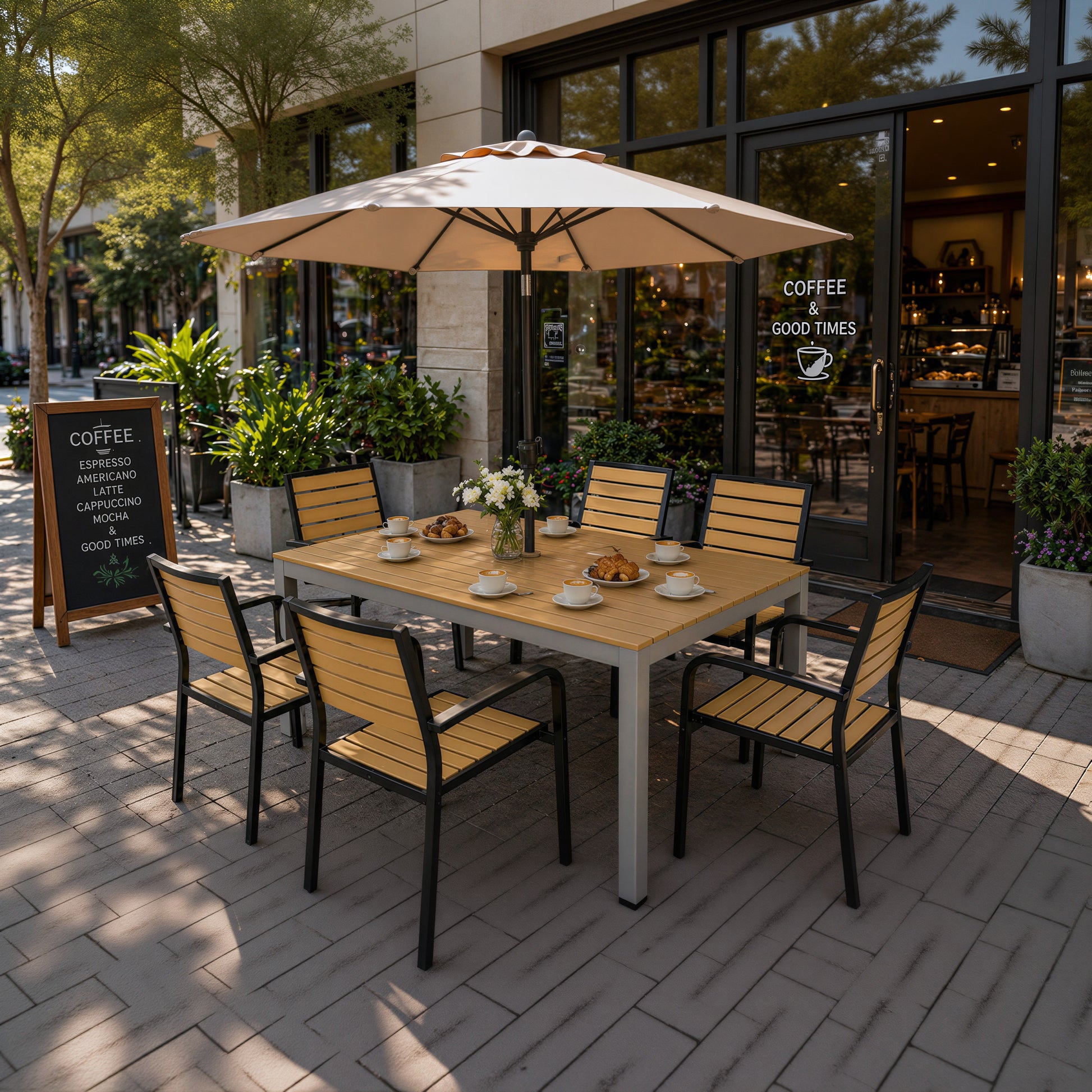 Natural Wood Color Outdoor Armchair with Black Aluminum Frame and Plastic Wood Slats