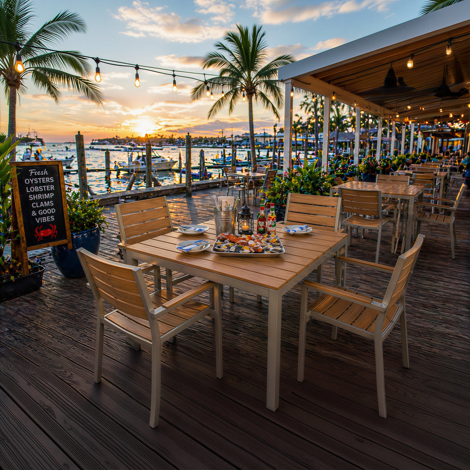 Teak Outdoor Dining Table – Aluminum Frame with Teak-Look Plastic Wood Slats (35.4" x 35.4")