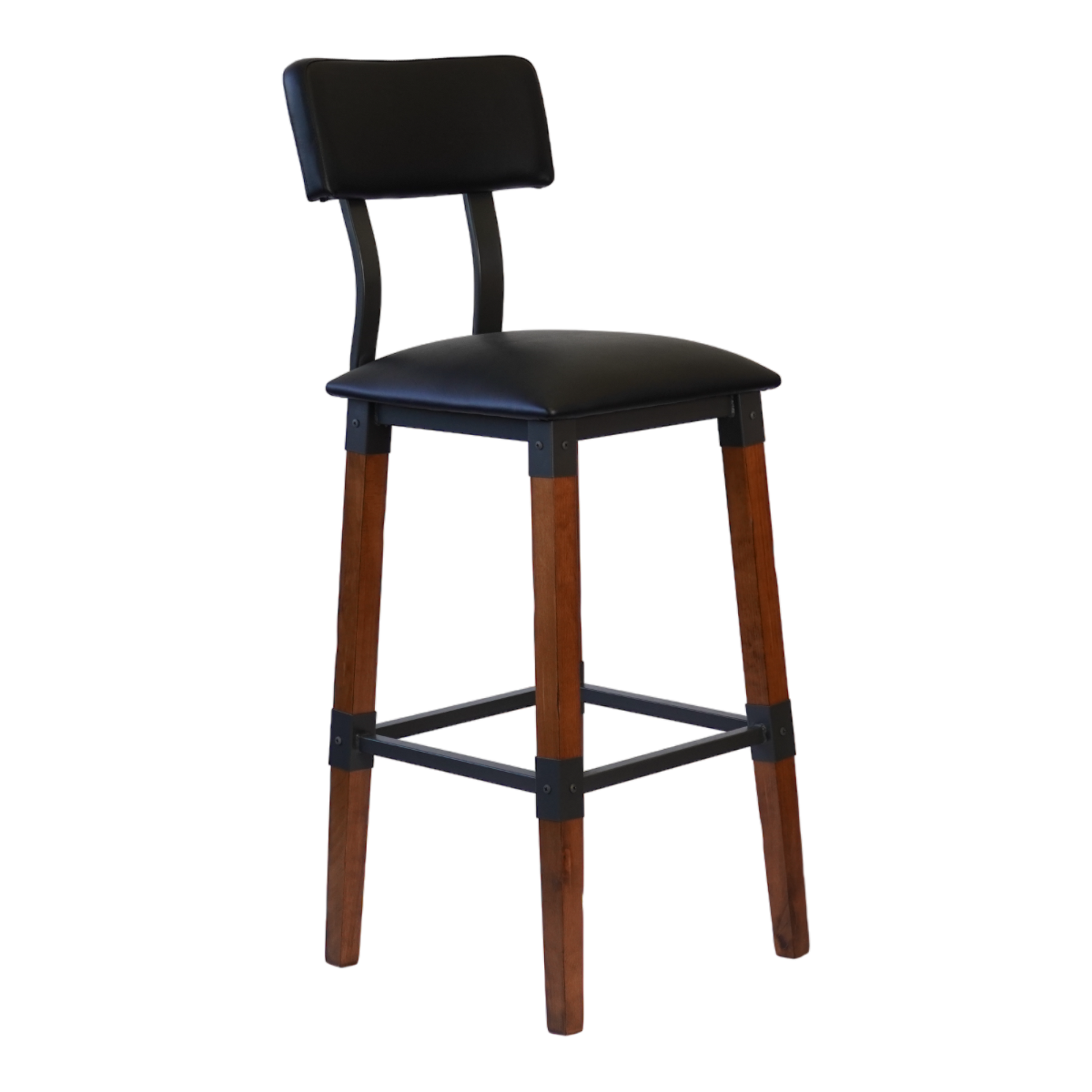 Industrial-Style High-Back Wood and Metal Restaurant Chair with Black PU Upholstery, Beechwood
