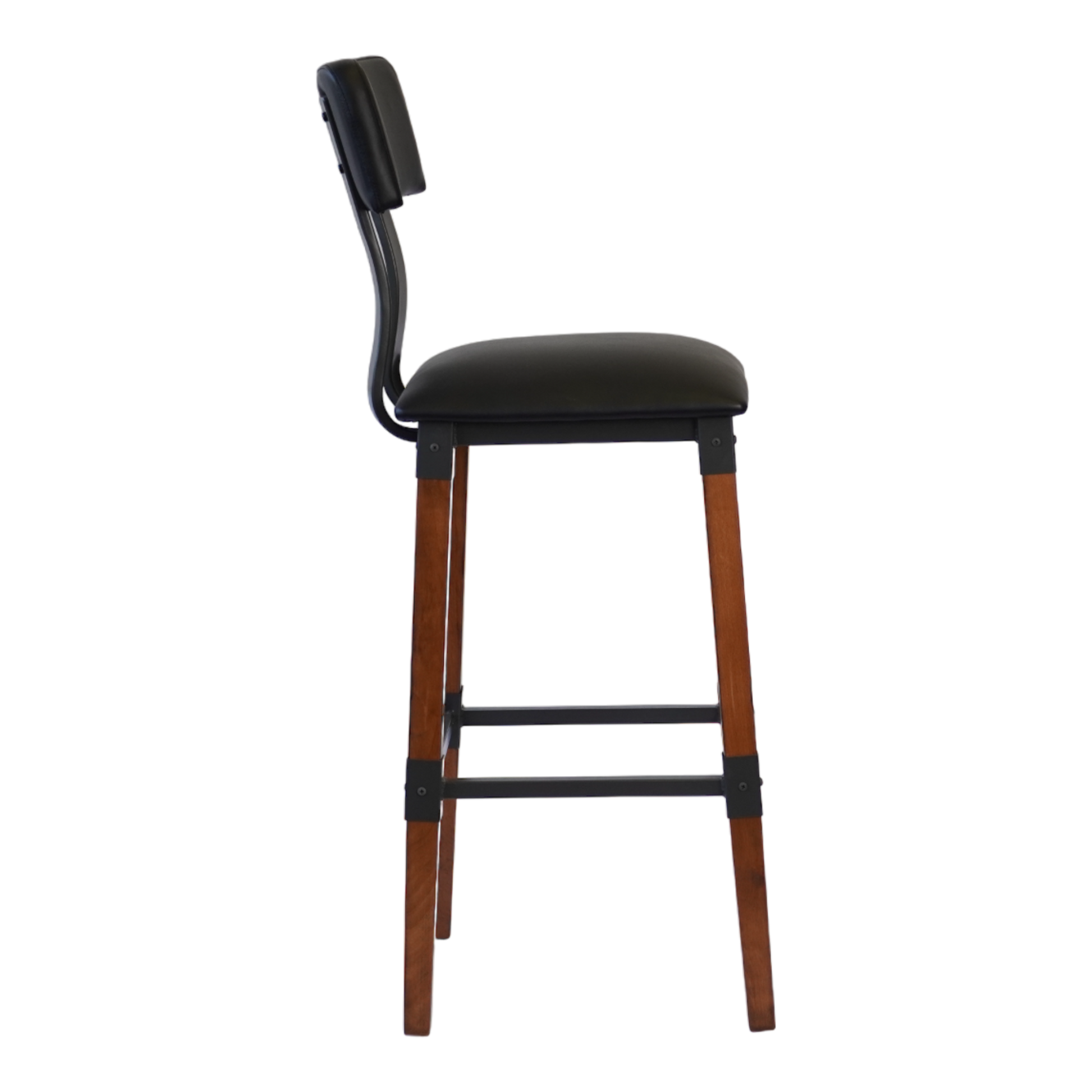 Industrial-Style High-Back Wood and Metal Restaurant Chair with Black PU Upholstery, Beechwood