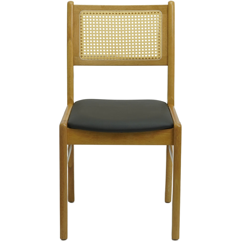 Set of 2 Wood Dining Chair with Woven Cane Back and Black Upholstered Seat- Natural and Dark Wood Options