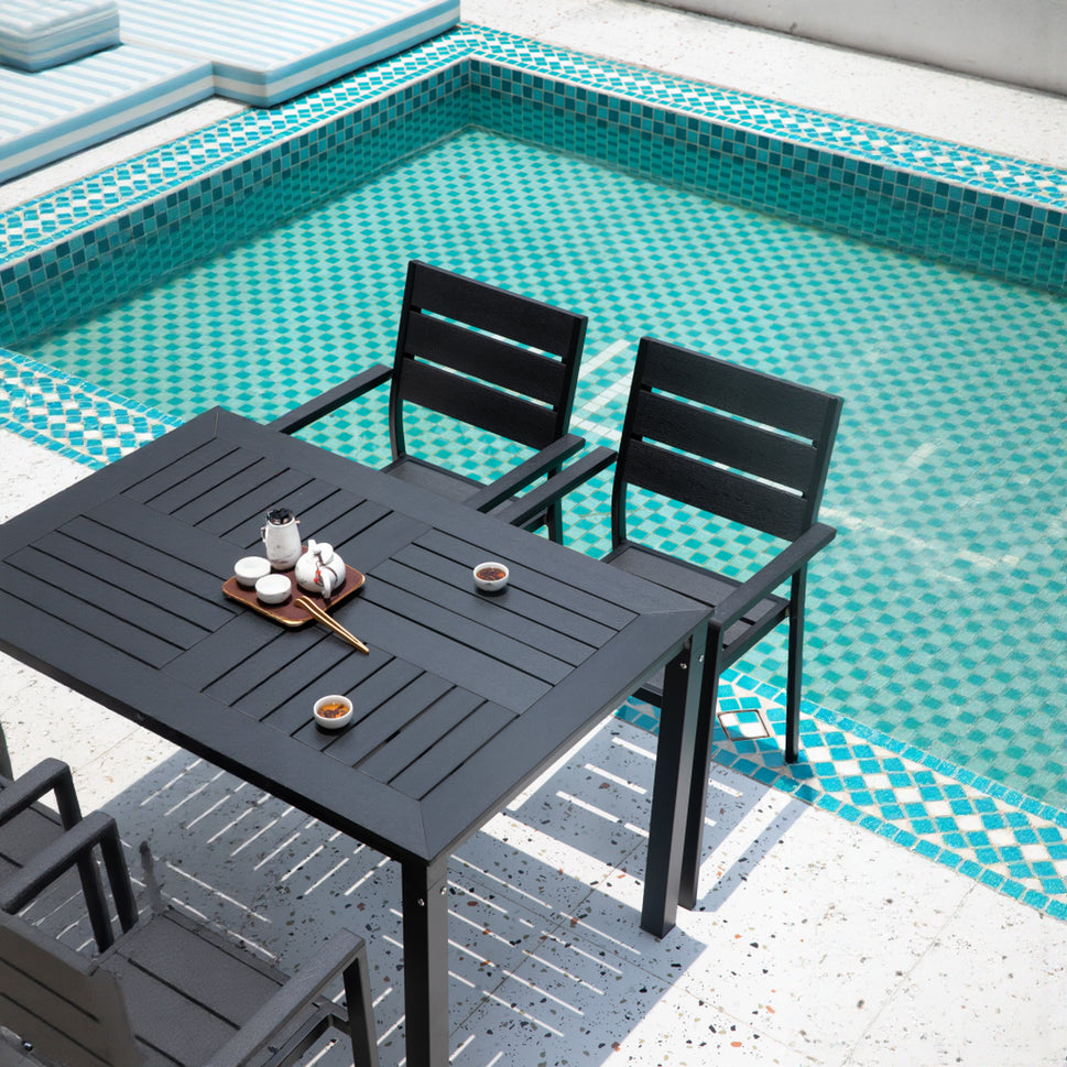 Black Modern Outdoor Armchair with Aluminum Frame and Plastic Wood Slats