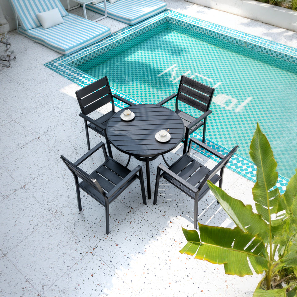Black Modern Outdoor Armchair with Aluminum Frame and Plastic Wood Slats