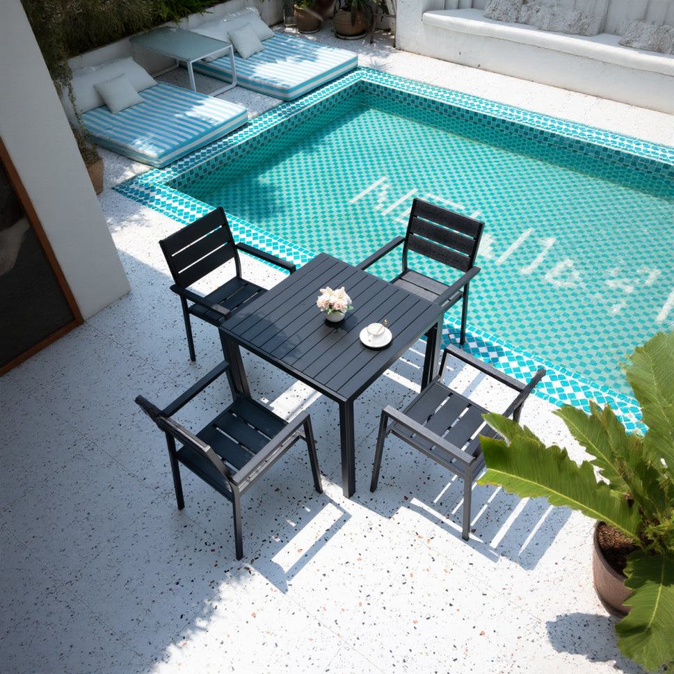 Black Modern Outdoor Armchair with Aluminum Frame and Plastic Wood Slats