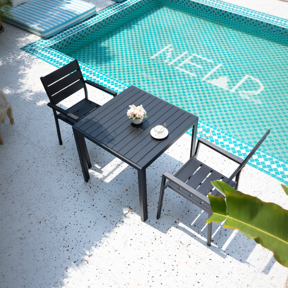 Black Modern Outdoor Armchair with Aluminum Frame and Plastic Wood Slats