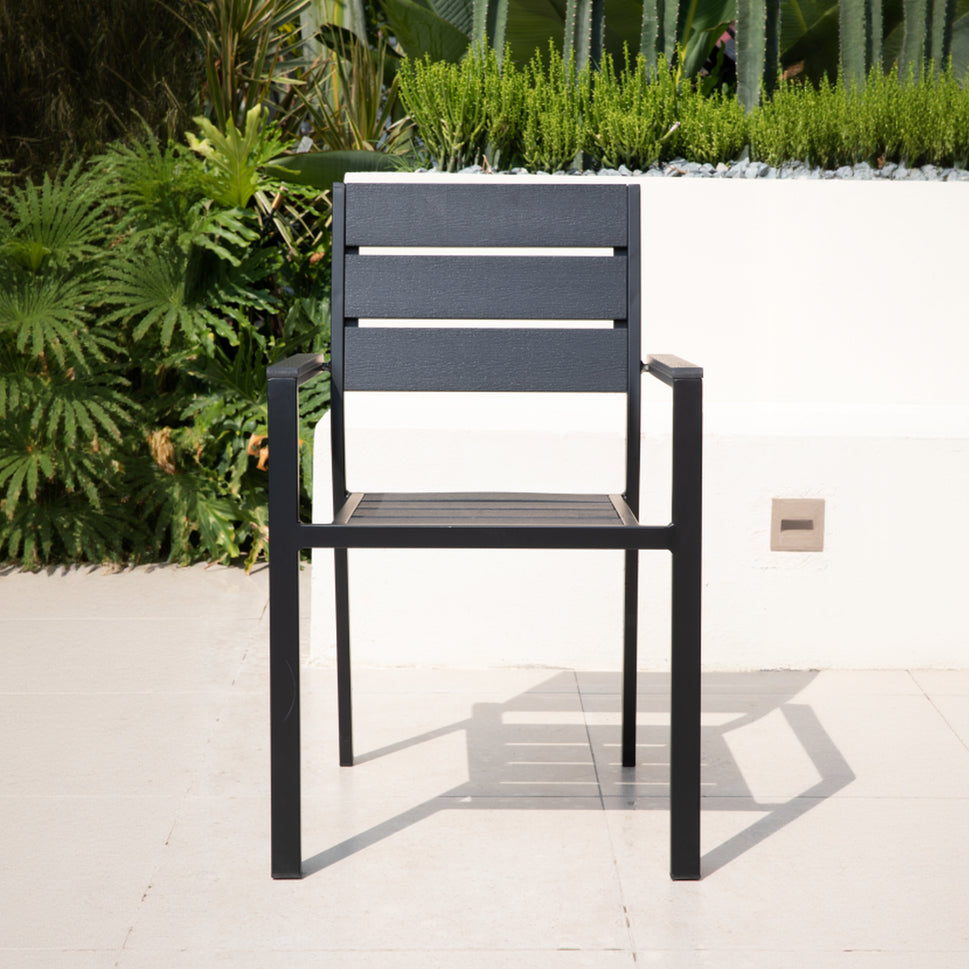 Black Modern Outdoor Armchair with Aluminum Frame and Plastic Wood Slats