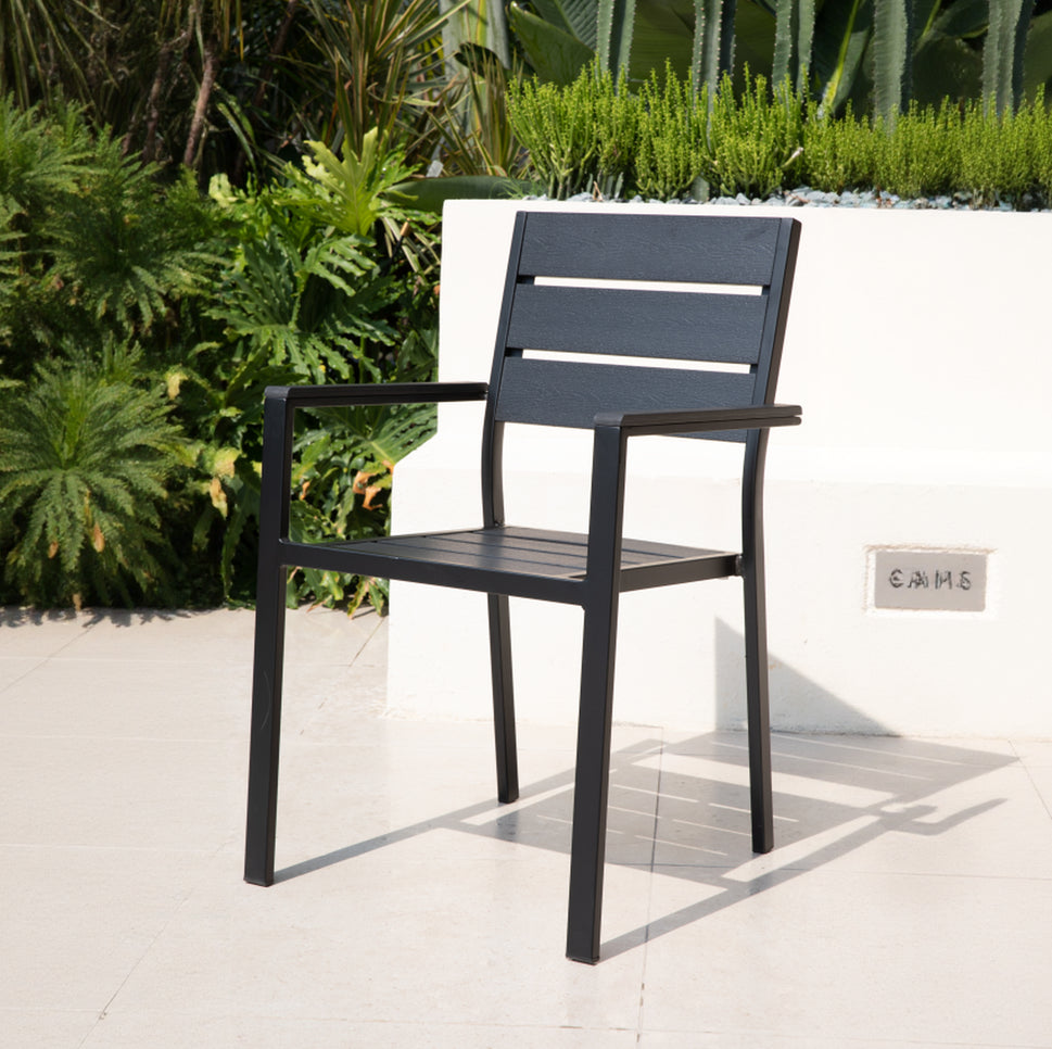 Black Modern Outdoor Armchair with Aluminum Frame and Plastic Wood Slats