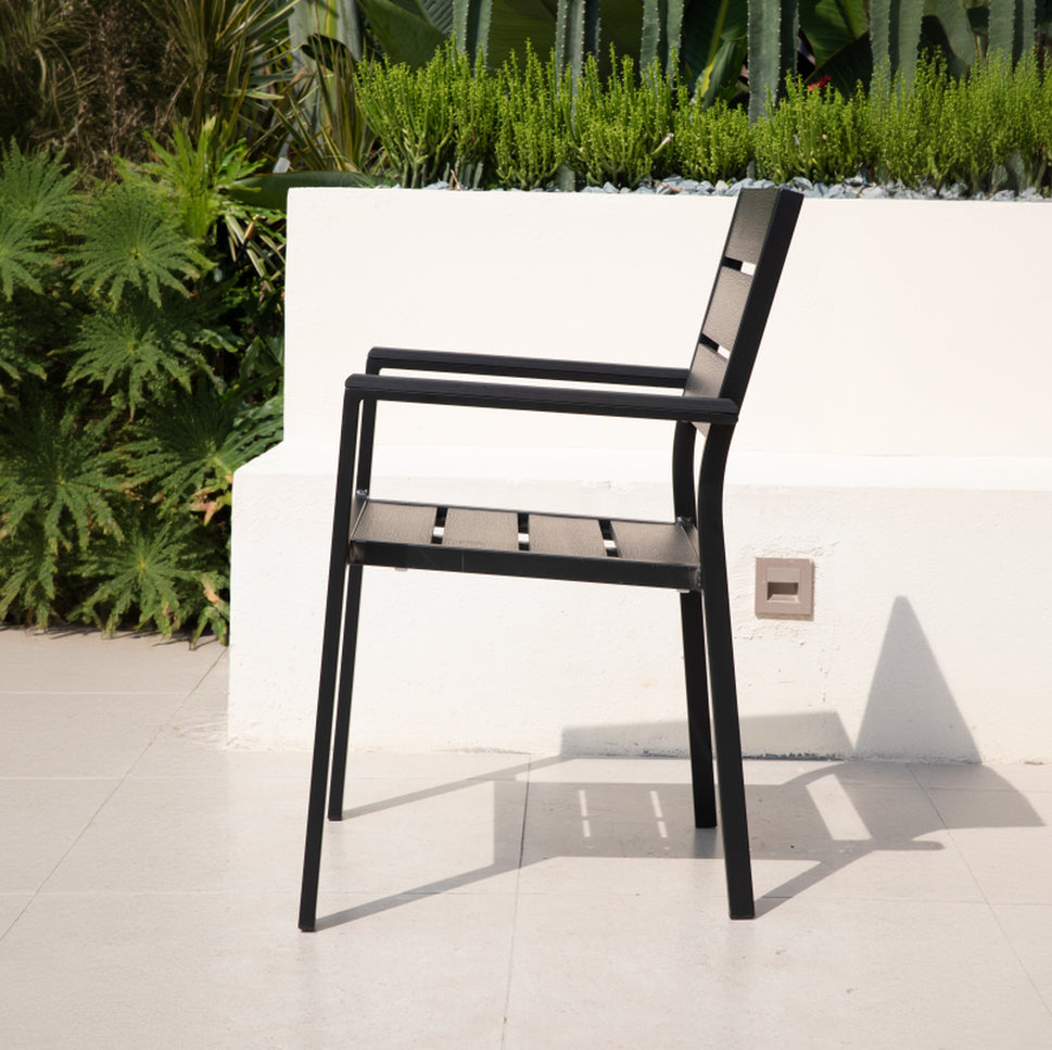 Black Modern Outdoor Armchair with Aluminum Frame and Plastic Wood Slats