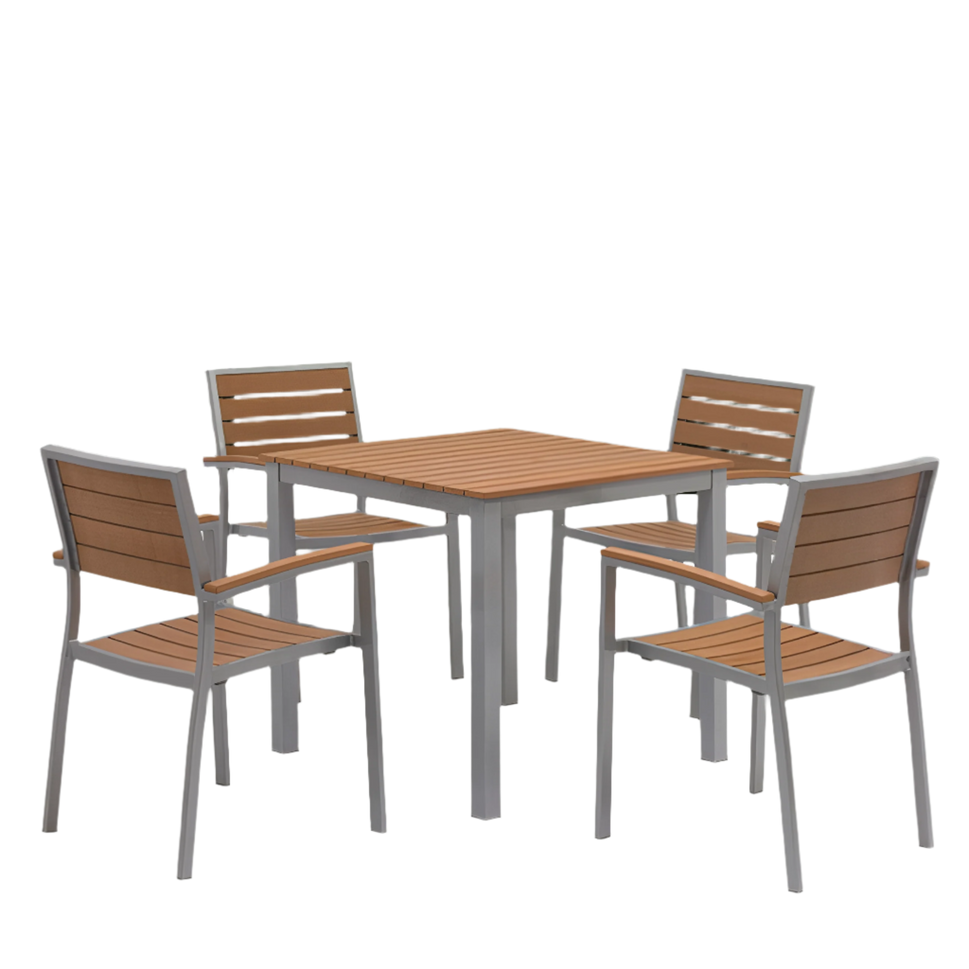 Teak Outdoor Armchair – Aluminum Frame with Plastic Wood Slats (22" W x 33" H)