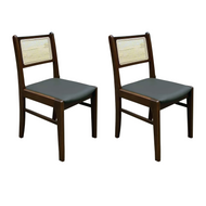 Set of 2 Wood Dining Chair with Woven Cane Back and Black Upholstered Seat- Natural and Dark Wood Options