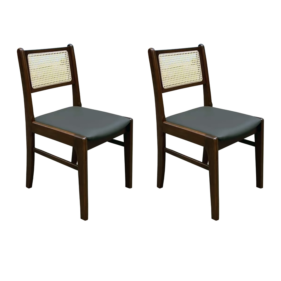 Set of 2 Wood Dining Chair with Woven Cane Back and Black Upholstered Seat- Natural and Dark Wood Options