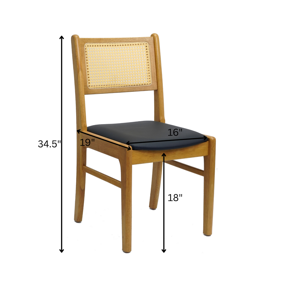 Set of 2 Wood Dining Chair with Woven Cane Back and Black Upholstered Seat- Natural and Dark Wood Options