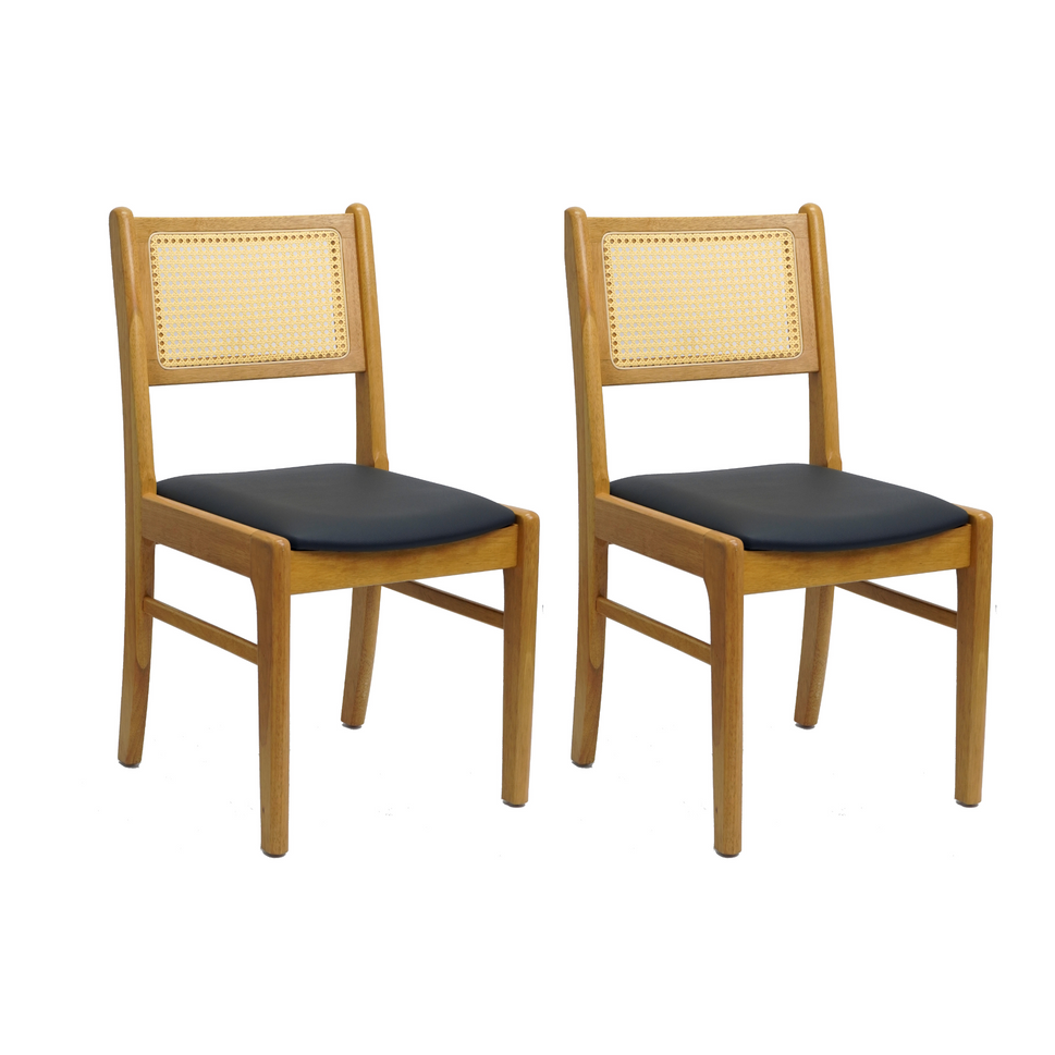 Set of 2 Wood Dining Chair with Woven Cane Back and Black Upholstered Seat- Natural and Dark Wood Options