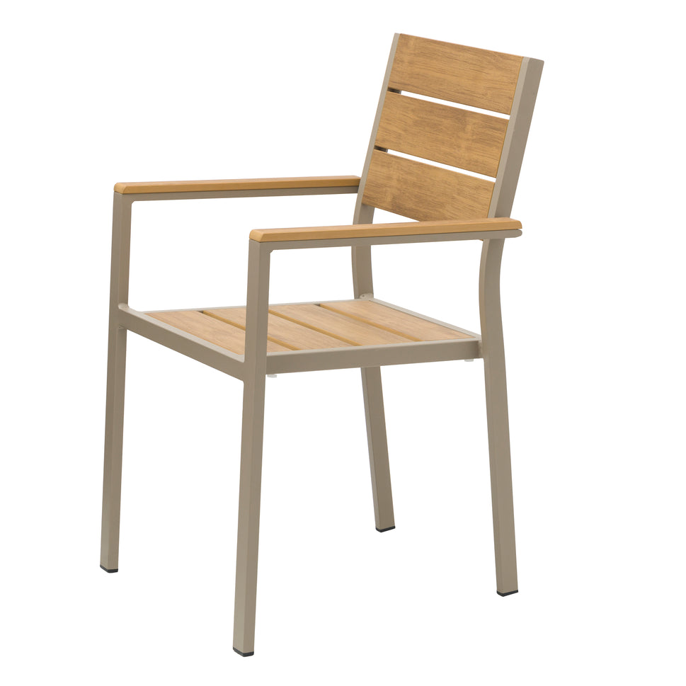 Teak Outdoor Armchair – Aluminum Frame with Plastic Wood Slats (22" W x 33" H)