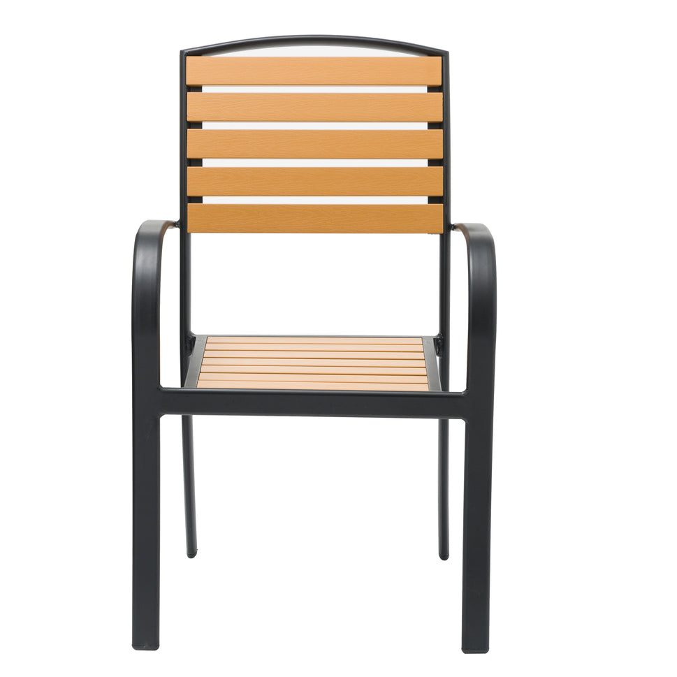 Natural Wood Color Outdoor Armchair with Black Aluminum Frame and Plastic Wood Slats