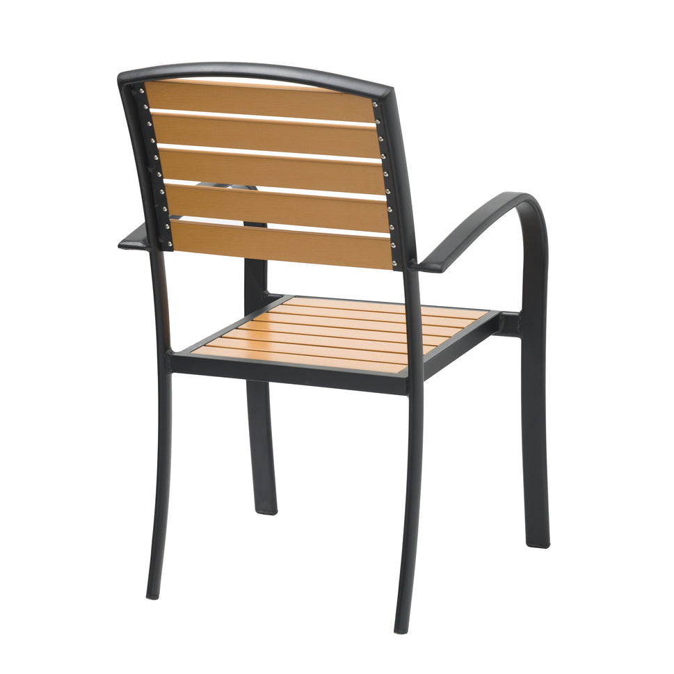 Natural Wood Color Outdoor Armchair with Black Aluminum Frame and Plastic Wood Slats