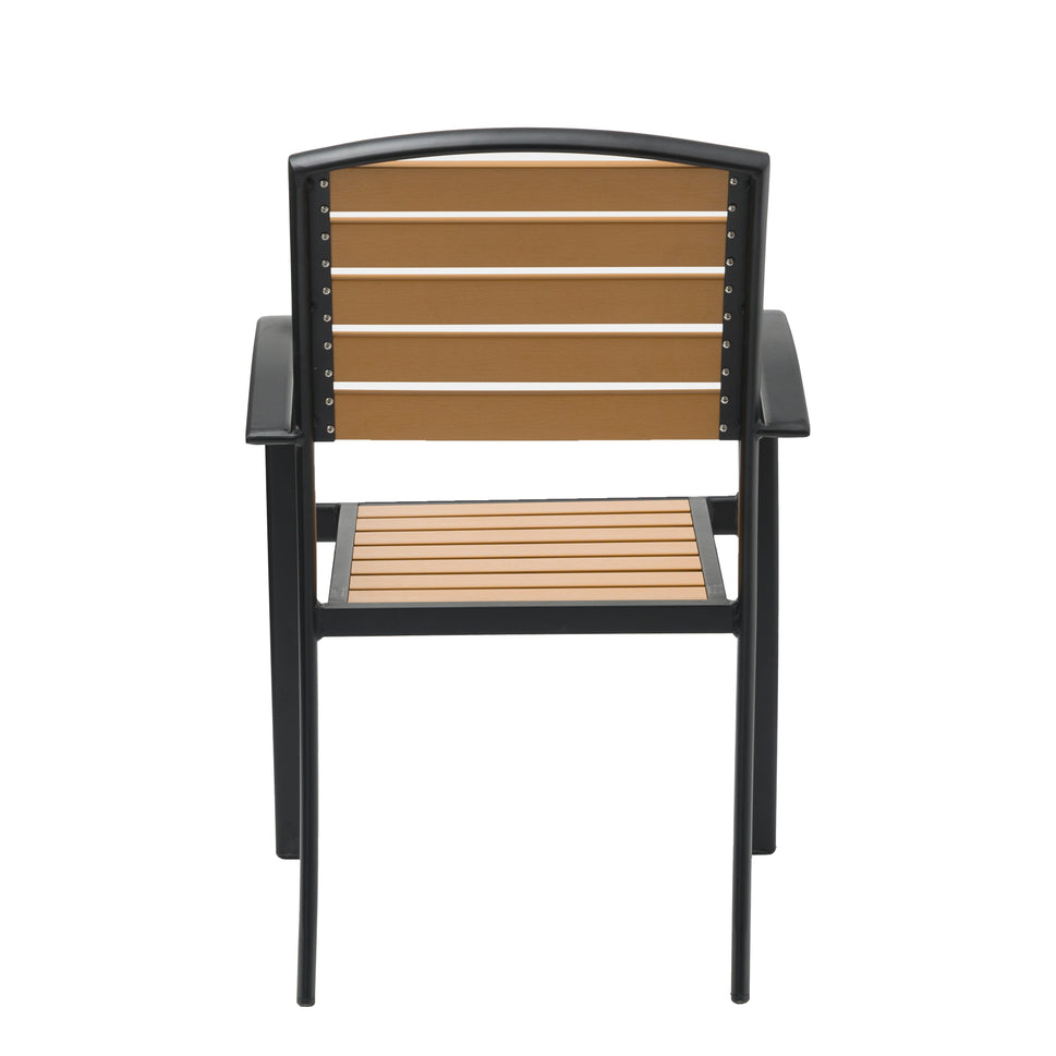 Natural Wood Color Outdoor Armchair with Black Aluminum Frame and Plastic Wood Slats