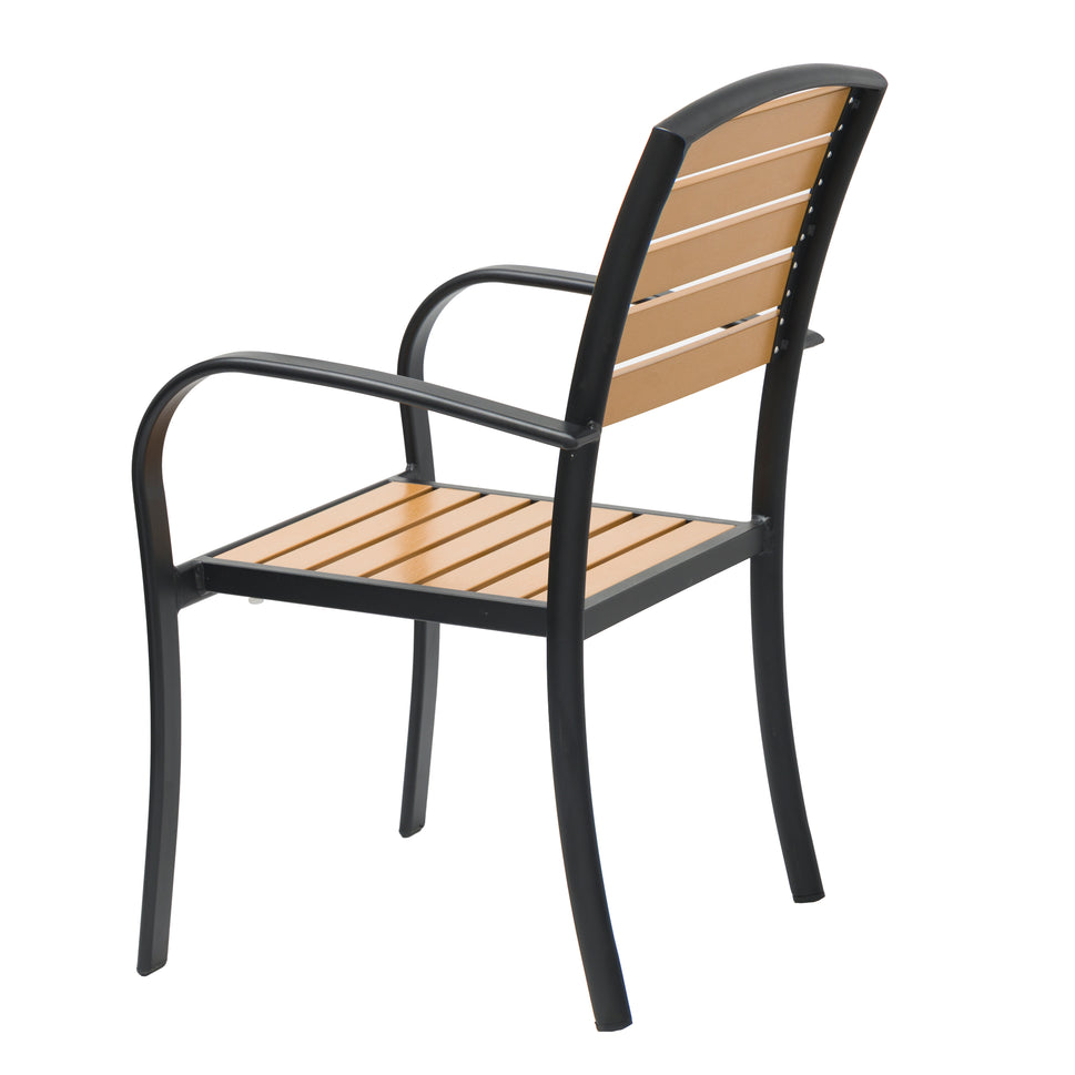 Natural Wood Color Outdoor Armchair with Black Aluminum Frame and Plastic Wood Slats